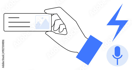 Identity management, digital verification, online security, authentication, remote services, voice recognition. Hand holding a card with symbols thumbs up a microphone and lightning bolt. Identity