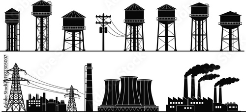 Industrial infrastructure silhouettes illustration vector factories energy power towers urban development graphics, construction design concept, black and white creative art collection