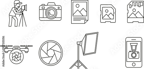 Professional Photography and Drone Videography Icon Set with Camera, Memory Card, Softbox Lighting, and Photographer Character for Media Production and Creative Studio Designs