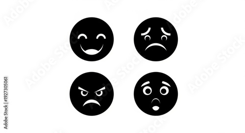 Four black silhouette icons of emoji faces expressing joy, sadness, anger, and surprise for emotional communication.
