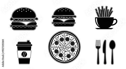 Set of black silhouette icons representing popular fast food items: hamburgers, fries, pizza, and coffee cup with cutlery.