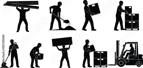 Manual labor silhouettes illustration vector workers construction warehouse industrial tasks graphics, material handling design concept, black and white creative art collection