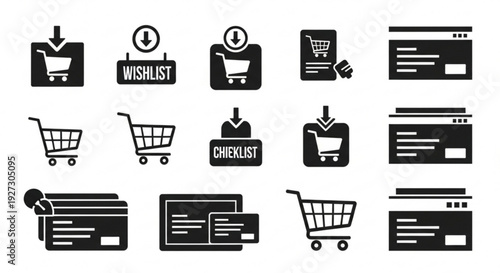 Black silhouette icons for online shopping: shopping carts, credit cards, wishlist, and payment screens for e-commerce.