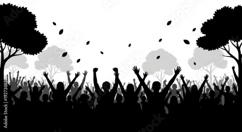Silhouette of a cheering crowd with raised hands against a stylized background of trees and falling leaves, signifying celebration or concert.