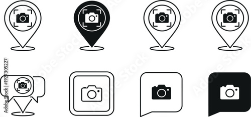 Photography Location Pin and Camera Chat Bubble Icon Set for Map Navigation, Social Media Photo Sharing Apps, and Geographic Image Tagging Interfaces