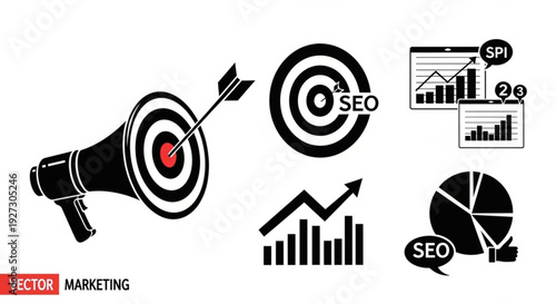 Vector icons for marketing and SEO, featuring a megaphone, targets, graphs, and pie chart symbolizing strategy and success.