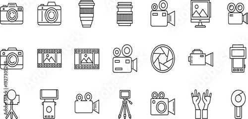 Professional Photography and Videography Icon Set Featuring Camera, Video Recorder, Lens, Tripod, and Film Strip Symbols for Media Apps, Websites, and UI Design