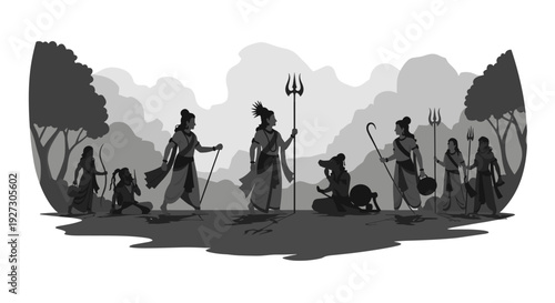 A captivating monochrome illustration depicting Lord Shiva and other Hindu deities, showcasing ancient Indian mythology and spiritual narratives in a serene forest setting.