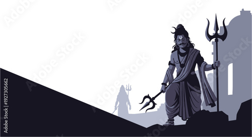 Powerful graphic illustration depicting Lord Shiva, a prominent Hindu deity, holding his sacred trident against a stylized, spiritual backdrop.