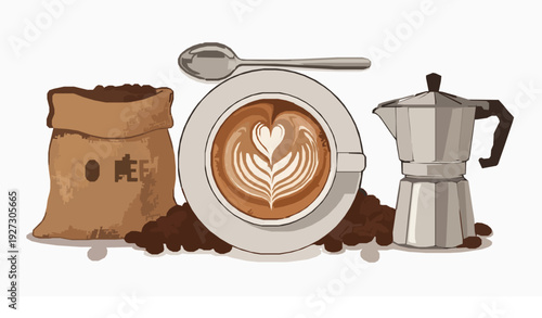 Latte art coffee cup with beans and moka pot vector illustration