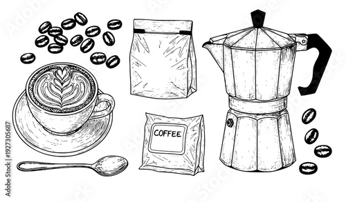 Hand drawn coffee elements latte moka pot vector set
