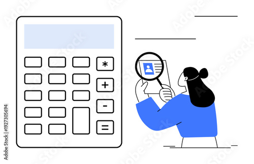 Data analysis. Woman holding magnifier examining details beside a calculator, data analysis and verification. Data analysis for finance, research, auditing, education, and software