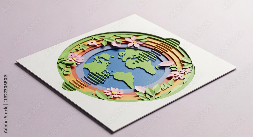 Fototapeta premium Paper Art Earth Map with Vibrant Rainbow Flowers and Green Leaves
