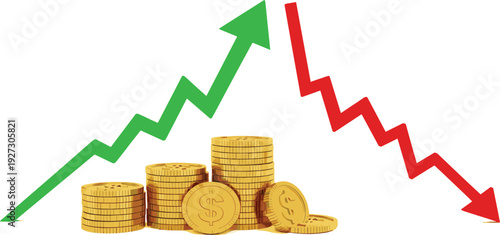 Financial Market Volatility Concept with Rising and Falling Arrows and Gold Coin Stacks Investment Risk Vector Illustration