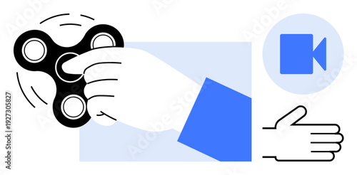 Stress relief, focus, productivity, meditation, sensory tools, online tutorials. Hand spinning a fidget spinner with a play video icon. Stress relief and focus concept