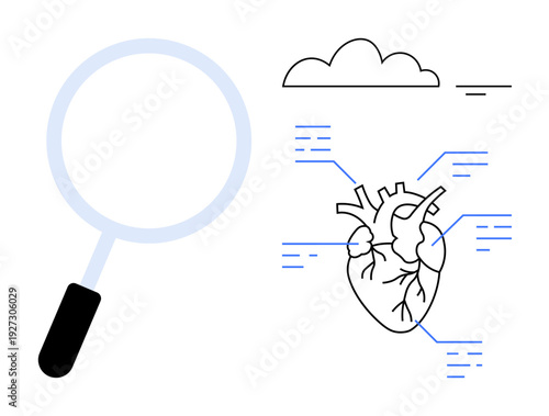 Cardiovascular research. Diagram of a human heart with data points and a magnifying glass cardiovascular research advancements. Cardiovascular science, medical education, health innovation