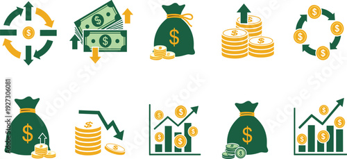 Money Investment and Financial Growth Icons Set with Dollar Bag Coin Stack Cash Flow and Profit Charts Vector Illustration