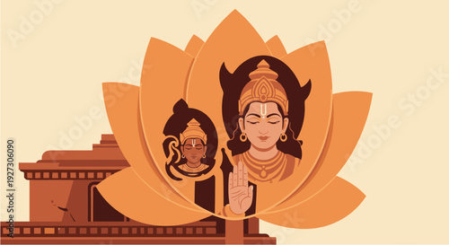 Stylized illustration of Hindu deities within a blooming lotus flower, symbolizing spiritual harmony and ancient Indian culture.