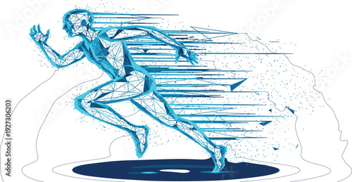 Futuristic Cyberpunk Male Runner Sprinting with Digital Blue Glow Low Poly Geometric Wireframe and Tech Speed Lines for Athletic and Modern Graphic Designs