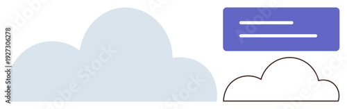 Cloud computing, data storage, technology, digital integration, cloud infrastructure, internet services. Simple cloud shapes and a rectangle with lines. Cloud computing and data storage concept