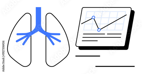 Stylized lungs paired with a graph indicating data trends, embodying respiratory health, analysis, research, diagnostics, healthcare, medical technology, and prevention. Simple flat metaphor