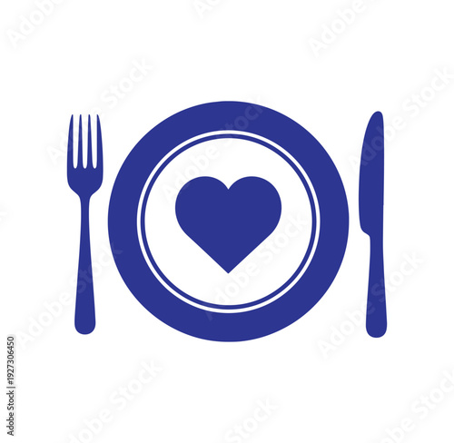 Blue plate with heart symbol and utensils for love food concept