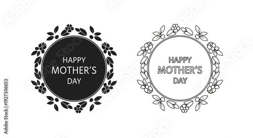 Happy mother's day floral wreath design black and white vector illustration Vector