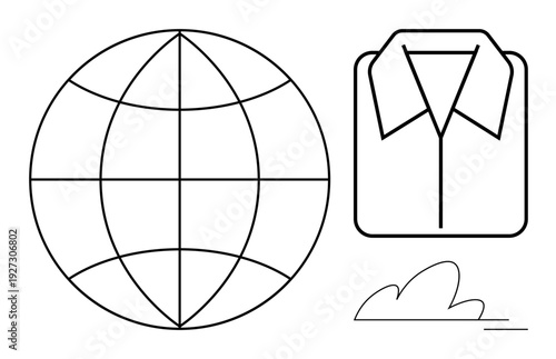 Globalization, sustainable fashion, eco-friendly trends, environmental consciousness, modern design, minimalism. Globe and clothing symbol with a leaf. Globalization and sustainable fashion concept