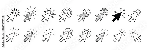 A set of diverse cursor icons, including hand pointers, click effects, and digital cursors, rendered in a clean, modern style on a light gray background.