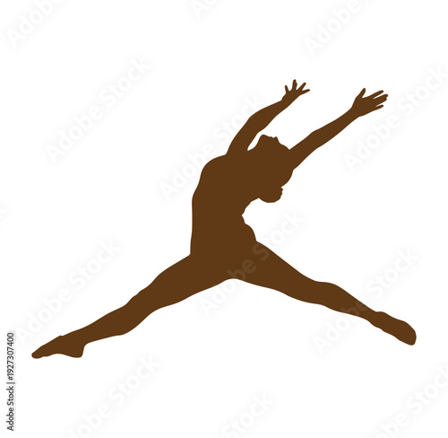 brown silhouette of a person jumping in the air with arms raised high and legs stretched out to the sides