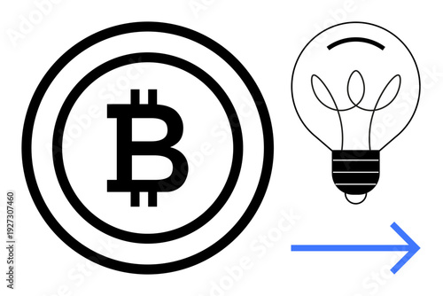 Cryptocurrency, innovation, blockchain, idea generation, digital finance, Bitcoin adoption. Bitcoin coin symbol, light bulb arrow. Cryptocurrency and innovation theme highlighting transformation
