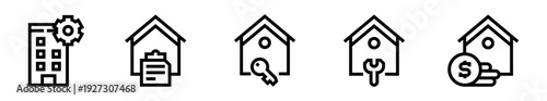 Conjunto de iconos de administración de propiedades. Gestión inmobiliaria, control residencial, mantenimiento estructural, supervisión patrimonial. Ilustración vectorial lineal