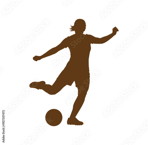 Brown silhouette of a woman kicking a soccer ball with her right leg  action pose