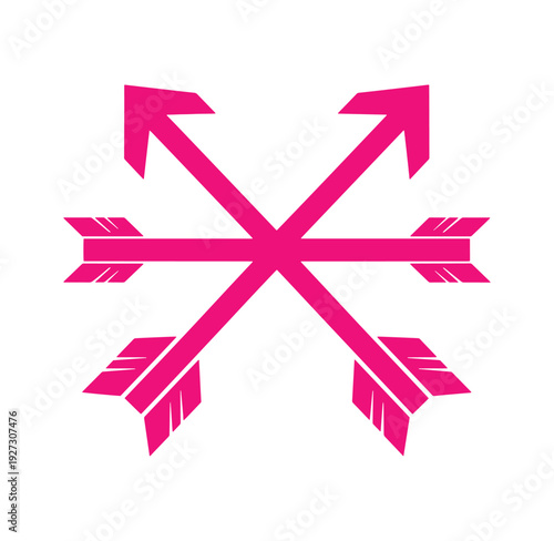 Four pink arrows crossed over each other in a crisscross pattern  symbolizing movement and direction