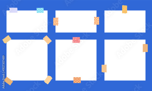 Blank white paper cards set with colorful washi tape on blue background. Vector template of office notice board with empty memo notes with six blank square, rectangular frames for copy space.
