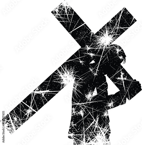 Jesus Carrying Cross Silhouette with Distressed Scratch Texture Grunge Vector Illustration for Good Friday Easter Christian Religious Passion of Christ Art