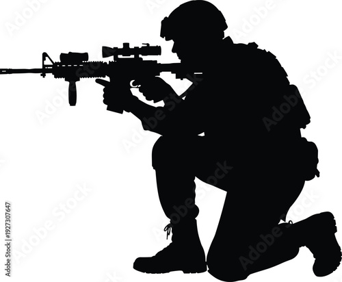 Military soldier silhouette kneeling with assault rifle and scope, tactical army warrior in uniform for combat, defense, sniper, battlefield, mission, protection, and security.