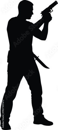 Military soldier silhouette holding handgun weapon and tactical combat knife, professional secret agent assassin standing in action pose isolated on white background, vector design