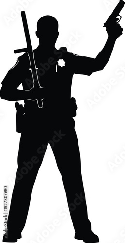 Police officer silhouette standing with handgun and nightstick baton, law enforcement officer in uniform for security, authority, protection, crime prevention, justice, and tactical safety.