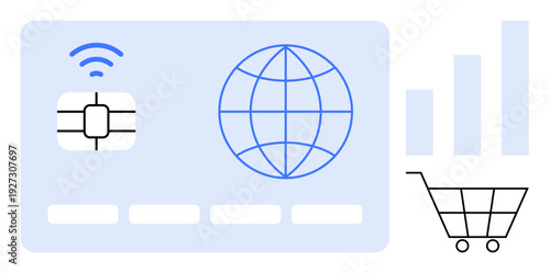 Contactless payment concept. Credit card chip and wireless symbol promotes contactless payment globally. Contactless payment benefits include speed, security, and convenience. For e-commerce