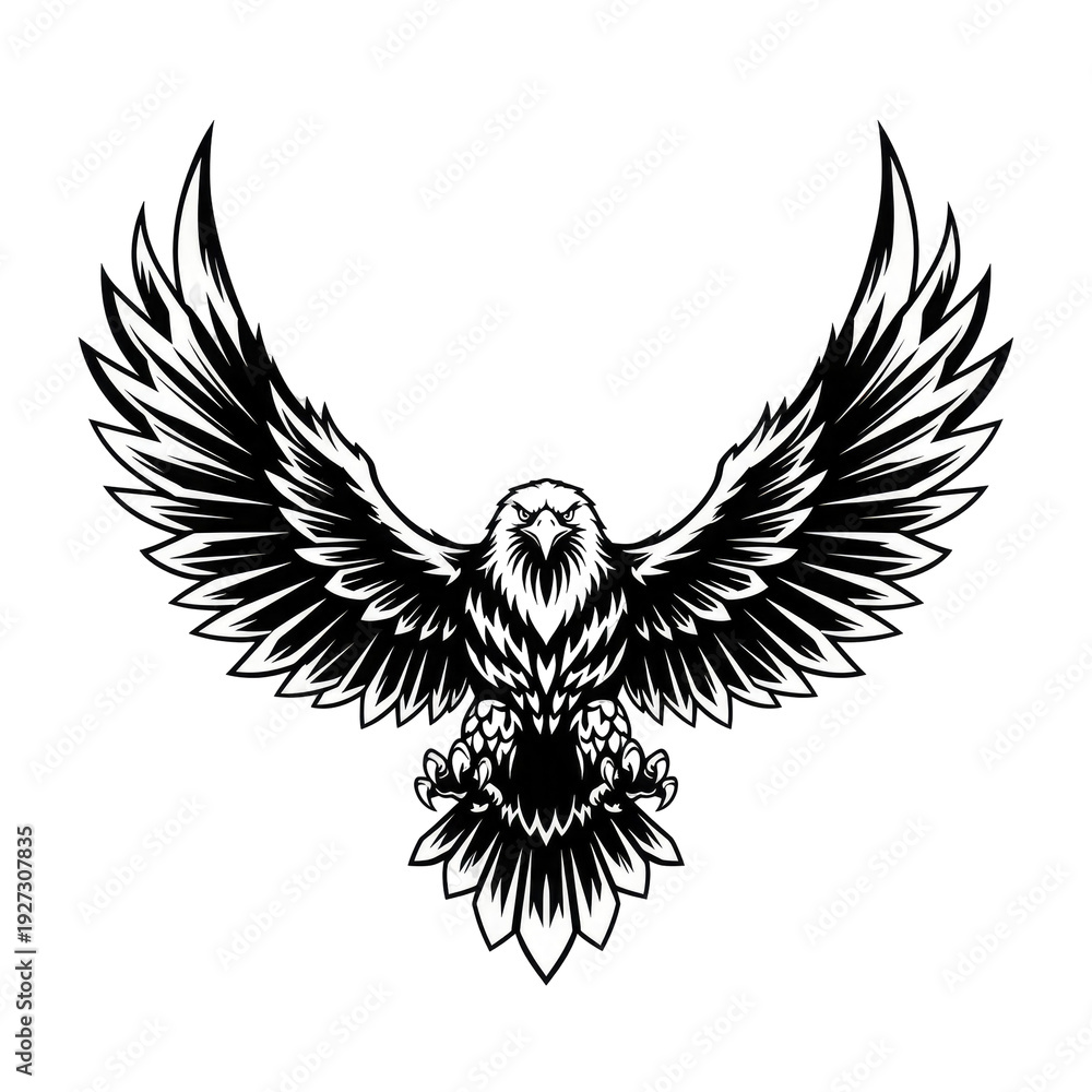Obraz premium Stylized white eagle with outstretched wings and talons against a dark background isolated on a transparent background