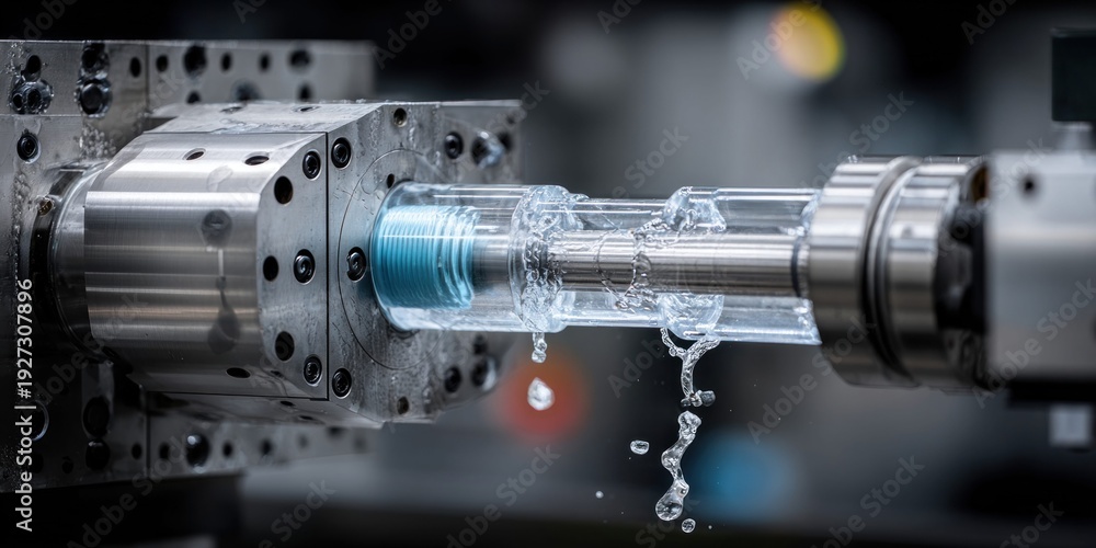 Fototapeta premium Precision machining of metal component with coolant spray in industrial workshop