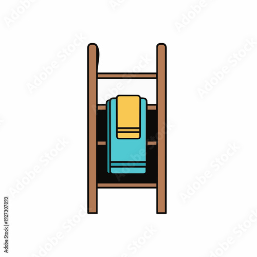 Simple Wooden Towel Rack Holding Blue and Yellow Folded Towels Against a White Background