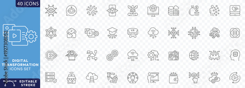 Digital Transformation line editable icon set. Contain icons related to digitalization, digital services, internet, cloud computing, technology, Etc. Fully Editable. Vector illustration.