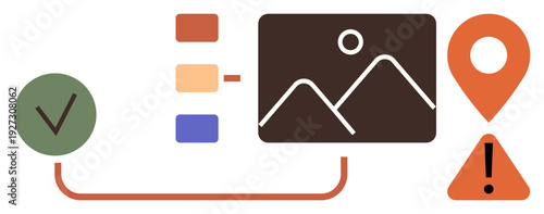 Digital processes, project management, workflow optimization, geotagging, data validation, visual content review. A checkmark, map pin alert color swatches and photo frame. Workflow and project