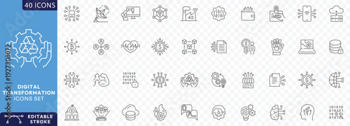Digital Transformation line editable icon set. Contain icons related to digitalization, digital services, internet, cloud computing, technology, Etc. Fully Editable. Vector illustration.