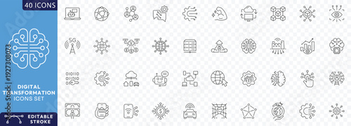Digital Transformation line editable icon set. Contain icons related to digitalization, digital services, internet, cloud computing, technology, Etc. Fully Editable. Vector illustration.