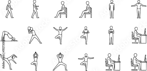 Collection of minimalist human posture illustrations showing daily activities, yoga poses, and ergonomic movements in black and white line drawing
