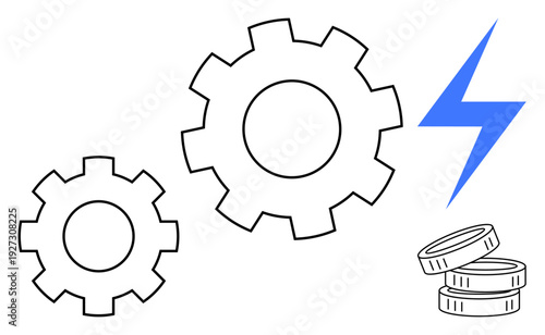 Energy innovation, financial technology, industrial systems, machinery development, cost efficiency, automation. Two gears, a lightning bolt and stacked coins. Energy innovation and financial