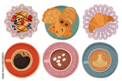 A large set of breakfast illustrations including espresso, latte art, hot chocolate with marshmallows, croissants with berries, and assorted buns. Flat vector style top view isolated on white